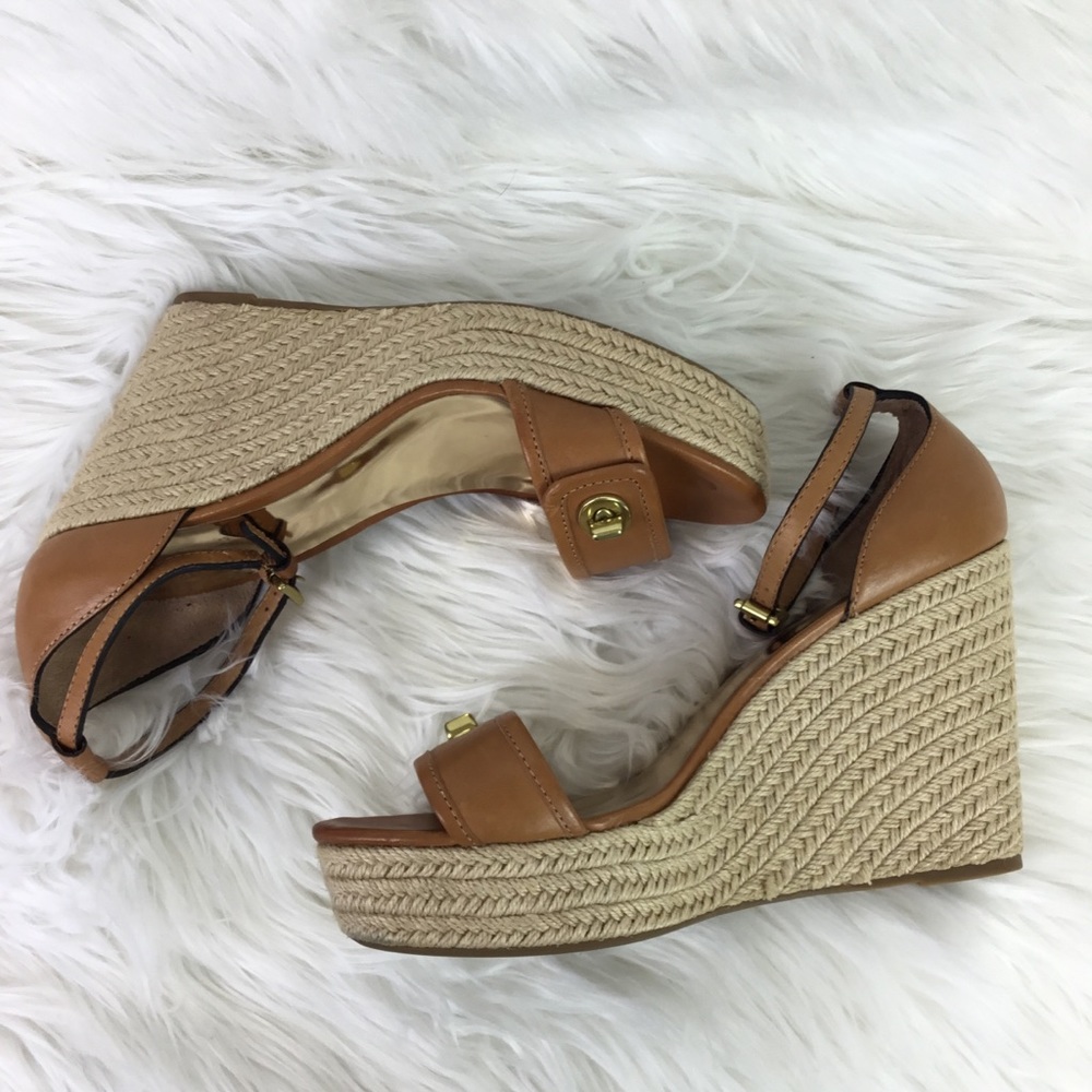 Coach Wedge Adjustable Ankle Straps Sandals Tan Leather trim Size 10B - Picture 4 of 12